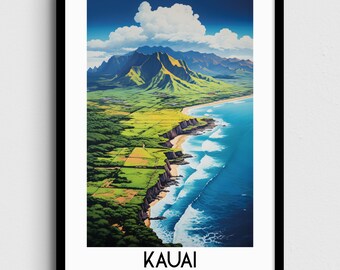 May include: A colorful illustration of a mountain range and coastline in Kauai, Hawaii. The image features a blue sky with white clouds, green mountains, a sandy beach, and blue ocean waves.