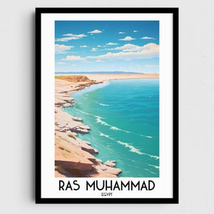 May include: A colorful illustration of a beach scene with turquoise water, white sand, and rocky cliffs. The text "RAS MUHAMMAD EGYPT" is at the bottom of the image.