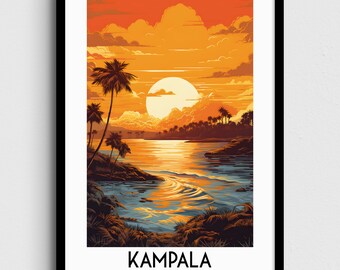 May include: Art print in a black frame depicting a sunset over a lake with palm trees. The sky is a blend of orange and yellow, and the water reflects the warm colours. The word "KAMPALA" is printed at the bottom, with "UGANDA" below it.