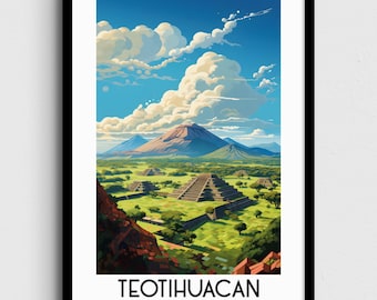 以下が含まれることがあります： メキシコ、テオティワカンにある古代のピラミッドのカラフルなイラスト。青い空と白い雲が背景に描かれています。画像の下部には「テオティワカン、メキシコ」というテキストがあります。