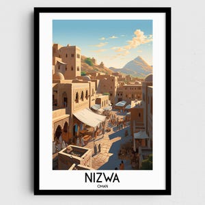 Arte da parete di viaggio Nizwa, regali di pittura dell'Oman, decorazioni per la casa in Medio Oriente, poster con stampe digitali, arte stampabile fatta a mano, download di tele dell'Oman