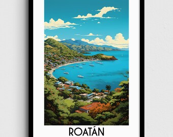 Cartel de viaje de Roatán Honduras, decoración del hogar caribeño (descarga digital)