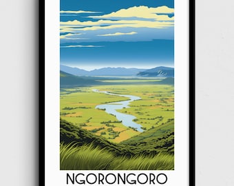 May include: A colorful illustration of the Ngorongoro Conservation Area in Tanzania. The image shows a green valley with a winding river and a mountain range in the background. The sky is blue with white clouds. The text "NGORONGORO CONSERVATION AREA" is at the bottom of the image.