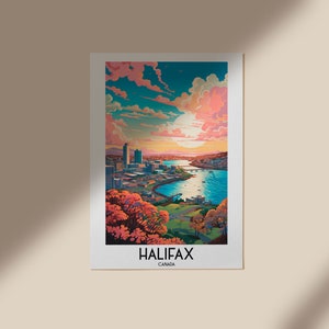 K&ouml;nnte beinhalten: Eine farbenfrohe Illustration der Skyline von Halifax mit einem Fluss und B&auml;umen im Vordergrund. Der Himmel ist leuchtend blau mit rosa Wolken und einer strahlenden Sonne. Der Text "HALIFAX CANADA" befindet sich am unteren Rand des Bildes.