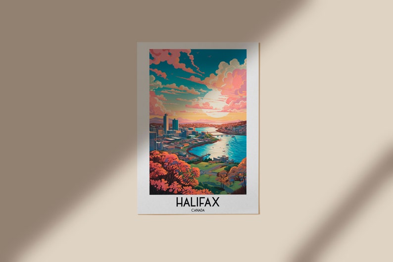 K&ouml;nnte beinhalten: Eine farbenfrohe Illustration der Skyline von Halifax mit einem Fluss und B&auml;umen im Vordergrund. Der Himmel ist leuchtend blau mit rosa Wolken und einer strahlenden Sonne. Der Text "HALIFAX CANADA" befindet sich am unteren Rand des Bildes.