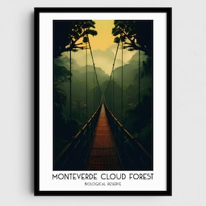 May include: A suspension bridge leading into a lush green cloud forest. The bridge is made of metal and wood and has a wooden walkway. The forest is dense and green, with tall trees and a misty atmosphere. The text "Monteverde Cloud Forest Biological Reserve" is at the bottom of the image.