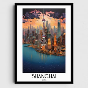 Arte de pared de viaje de Shanghai, regalos de pintura de China, decoración del hogar de Asia, carteles de impresiones digitales, arte hecho a mano imprimible, descarga de lienzo chino