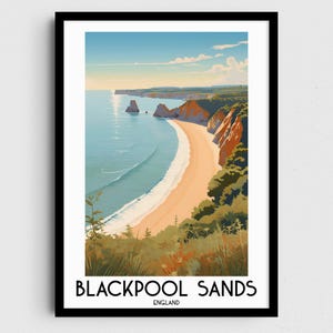 Arte mural de viaje de Blackpool Sands, regalos de pintura de Inglaterra, decoración del hogar del Reino Unido, carteles de impresiones digitales, arte hecho a mano imprimible, descarga en inglés