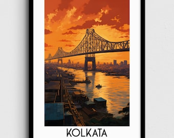 Puede incluir: Un cartel de viaje vintage con una vista de Kolkata, India, al atardecer. El cartel representa un puente sobre un río con edificios en el fondo. El texto "KOLKATA" e "INDIA" está impreso en la parte inferior del cartel.
