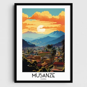 May include: A colorful illustration of a city in the mountains with a sunset sky and clouds. The text "MUSANZE RWANDA" is at the bottom of the image.