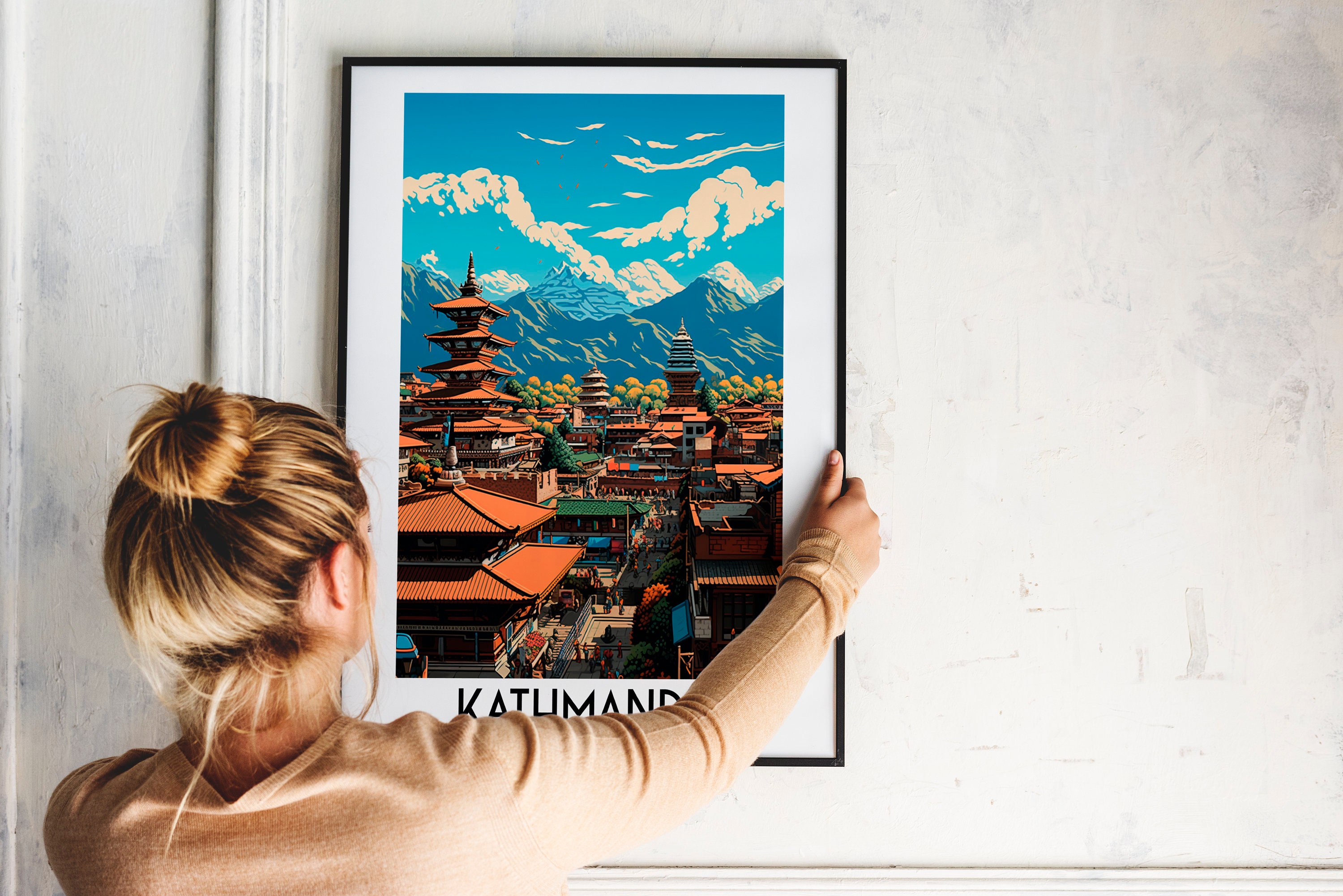 Kathmandu Travel Wall Art, Nepal Painting Gifts, Asia Home Decor