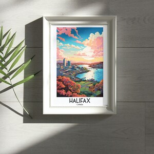K&ouml;nnte beinhalten: Ein gerahmter Druck einer farbenfrohen Stadtlandschaft mit einem Gew&auml;sser und einem strahlend blauen Himmel. Der Druck tr&auml;gt den Text "HALIFAX CANADA" am unteren Rand.