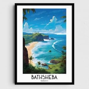 May include: A colorful illustration of a beach scene in Bathsheba, Barbados. The image features a rocky cliff, a sandy beach, turquoise water, and palm trees. The text "Bathsheba, Barbados" is at the bottom of the image.