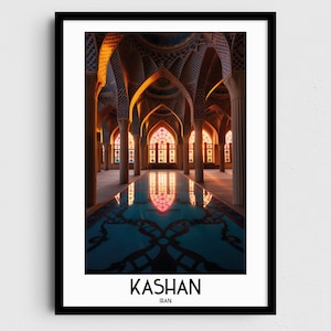 May include: A view of a large, ornate room with a tiled floor and a reflecting pool. The room has a high vaulted ceiling with intricate patterns and stained glass windows. The text "KASHAN IRAN" is at the bottom of the image.