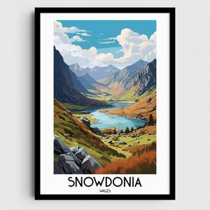 Arte de parede de viagem Snowdonia, presentes de pintura de Gales, decoração de casa do Reino Unido, pôsteres de impressões digitais, arte artesanal para impressão, download de tela galesa