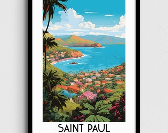 Puede incluir: Una ilustración colorida de Saint Paul, Antigua y Barbuda. La imagen muestra una isla tropical con un pueblo enclavado en las colinas que domina una bahía turquesa. Se puede ver una exuberante vegetación verde y palmeras en primer plano.