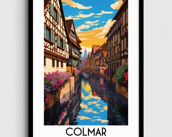 May include: A colorful illustration of a canal in Colmar, France. The canal is lined with traditional half-timbered houses and a bridge crosses the water. The sky is blue with white clouds and the water reflects the buildings and sky.