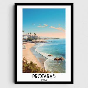 Puede incluir: Una ilustración colorida de una escena de playa en Protaras, Chipre. La imagen muestra una playa de arena con agua azul clara y algunas palmeras en el fondo. El texto "Protaras, Chipre" está en la parte inferior de la imagen.