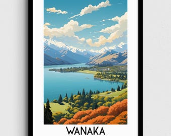 Wanaka New Zealand Travel Poster, Lake Landscape Art (Digital Download)