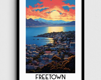 May include: A colourful illustration of Freetown, Sierra Leone, with a sunset over the city and a body of water in the foreground. The text "Freetown" and "Sierra Leone" are printed below the image.
