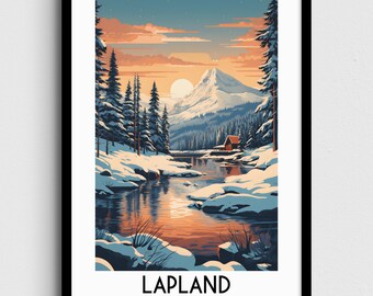 ラップランドの冬景色水彩画プリント、フィンランド旅行ポスター