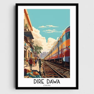 May include: A vintage travel poster featuring a colorful train arriving at a station in Dire Dawa, Ethiopia. The poster has a retro style with a blue sky, white clouds, and a yellow train with red accents.
