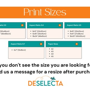 Op de afbeelding: Een tabel met een feloranje kop die "Print Sizes" zegt. De tabel geeft verschillende beeldverhoudingen en papierformaten voor afdrukken weer. De beeldverhoudingen omvatten 2:3, 3:4, 4:5 en 5:7. De papierformaten omvatten A2, A3, A4 en A5. De tabel bevat ook de afmetingen van elke afdruk in inches en centimeters.