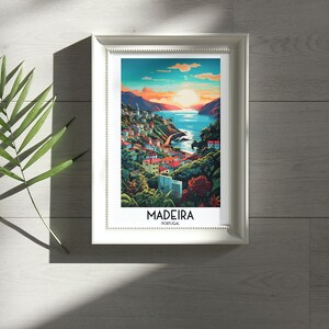 May include: A framed print of a colorful illustration of a coastal town with the text "MADEIRA PORTUGAL" at the bottom.