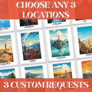 Juego de 3 impresiones de carteles personalizados, arte mural de viaje personalizado, regalos de pintura de cualquier ciudad, cualquier país, descarga digital, decoración hecha a mano, lienzo