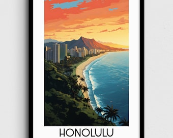 May include: A colorful illustration of Honolulu, Hawaii, with a view of the city skyline, beach, and ocean. The sky is a vibrant orange and pink, and the mountains in the background are a deep red. The text "HONOLULU" and "HAWAII" is at the bottom of the image.