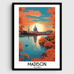 Madison Travel Wall Art, Regalos de pintura de Wisconsin, Decoración del hogar de EE. UU., Carteles de impresiones digitales, Arte hecho a mano imprimible, Descarga de lienzo americano