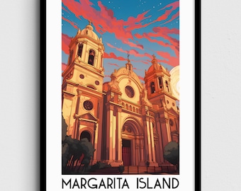 May include: A colorful illustration of a cathedral with a sunset sky in the background. The text "MARGARITA ISLAND VENEZUELA" is at the bottom of the image.