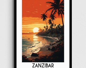 May include: A sunset over a beach with palm trees and the text "ZANZIBAR TANZANIA" at the bottom.