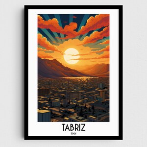 May include: A colorful illustration of the city of Tabriz, Iran, with a sunset sky and mountains in the background. The city is depicted with buildings and streets, and the sun is shining brightly in the sky.