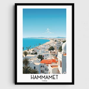 Art mural de voyage Hammamet, cadeaux peinture Tunisie, décoration d'intérieur Afrique, impressions numériques affiches, art imprimable fait main, toile à télécharger
