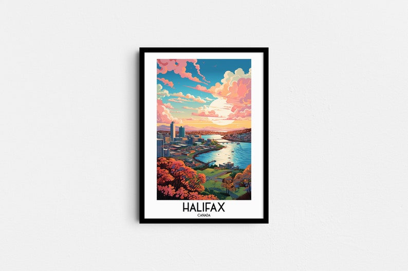 K&ouml;nnte beinhalten: Eine farbenfrohe Illustration der Skyline von Halifax mit einem rosa und blauen Himmel, einem Gew&auml;sser und B&auml;umen im Vordergrund. Der Text "HALIFAX CANADA" befindet sich am unteren Rand des Bildes.