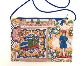Borsetta siciliana da sera, borsa elegante con tracolla, pochette con tracolla fatta a mano, borsa in stoffa, borsa piccola artigianale,blu