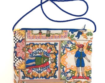 Borsetta siciliana da sera, borsa elegante con tracolla, pochette con tracolla fatta a mano, borsa in stoffa, borsa piccola artigianale,blu