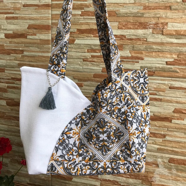 Sizilianische Damentasche, handgefertigte Stofftasche, handgefertigte Tasche aus Italien, Valentinstagsgeschenk für sie, Stoff-Einkaufstasche