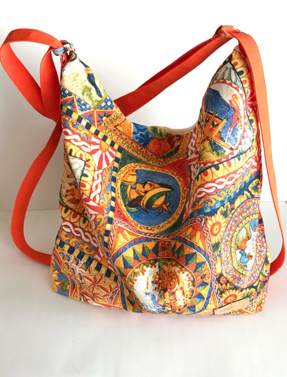 Borsa convertibile in zaino antifurto tessuto siciliano fatto a