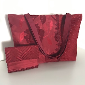 Bolsa de ombro elegante e carteira em tecido damasco e veludo devorè, bolsa de verão em tecido brocado, bolsa vermelha exclusiva feita à mão