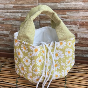 Handmade Green Fabric Bucket Bag with Flowers and Daisies, Colorful Summer Round Handbag, Unique Craft Bag