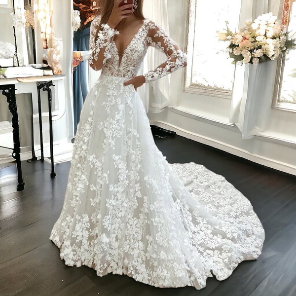 Wedding A-Line Dress | Bridal Dress | Long White Dress | V-Neck | Wedding Gown | Lace Dress | A-Line Dress | Long Sleeve | Winter Wedding