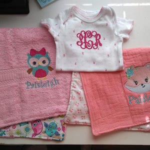 Burp cloths: Cotton, Custom made, personalized with design of choice and coordinating fabric and colors