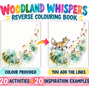 Può includere: Libro da colorare inverso Woodland Whispers con 20 attività e 20 esempi di ispirazione. La copertina mostra due pannelli con un motivo floreale ad acquerello, uno con il colore fornito e l'altro con linee a inchiostro di una volpe e api.