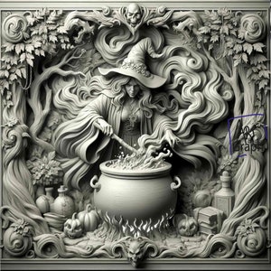 Image en relief à graver au laser  Graver PNG | Illusion 3D | Glowforge | Prêt pour le laser | Halloween | sorcière chaudron citrouille