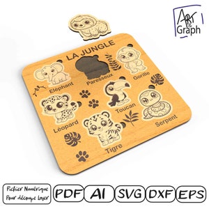 Puzzle enfant animaux de la jungle, Fichier numérique pour découpe laser, Svg dxf AI Eps pour Glowforge gravé au laser, découpe laser.