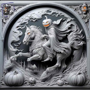 Image en relief à graver au laser  Graver PNG | Illusion 3D | Glowforge | Prêt pour le laser | Halloween | citrouille cheval épouvantail