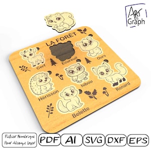 Puzzle enfant animaux de la forêt, Fichier numérique pour découpe laser, Svg dxf AI Eps pour Glowforge gravé au laser, découpe laser.