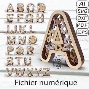 Décoration cadeau Alphabet 3D, Fichier numérique pour découpe laser, Svg dxf AI Eps pour Glowforge gravé au laser, découpe laser.